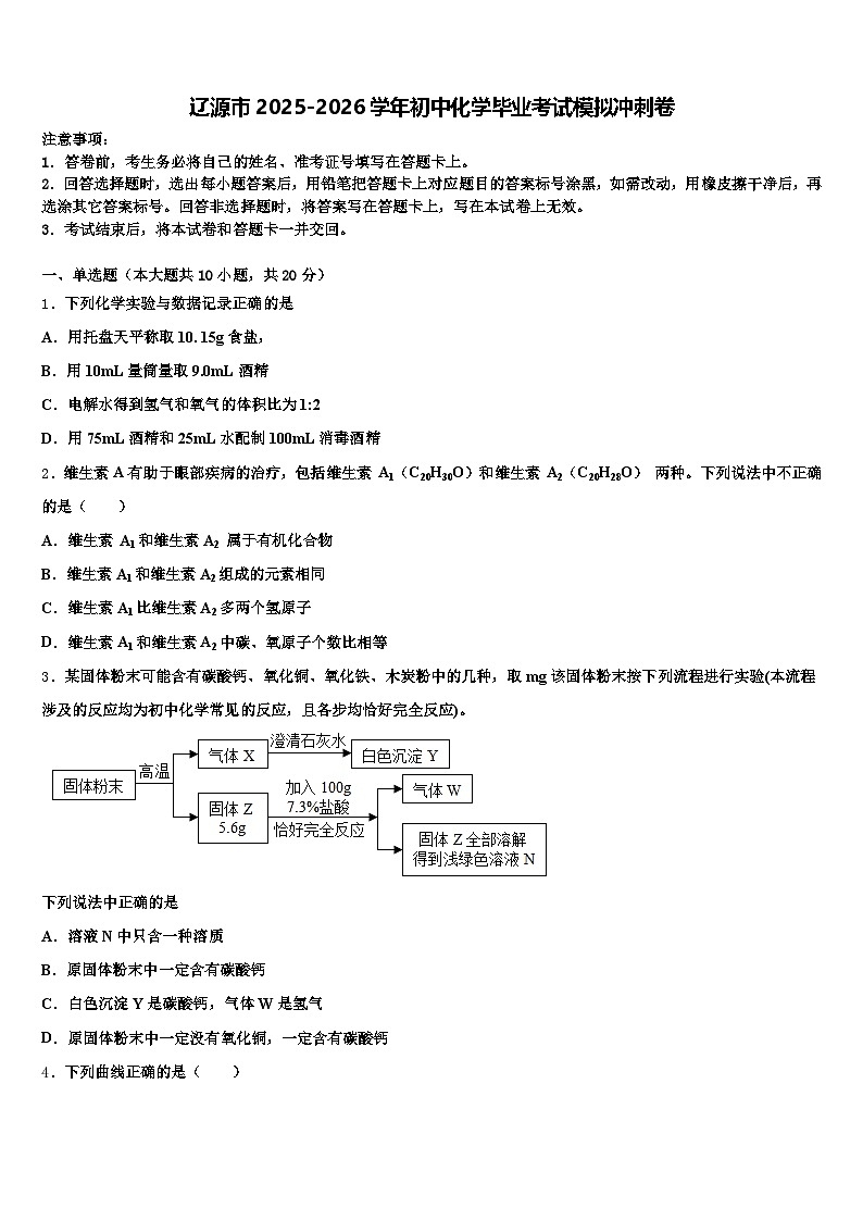 辽源市2025-2026学年初中化学毕业考试模拟冲刺卷（含答案解析）第1页