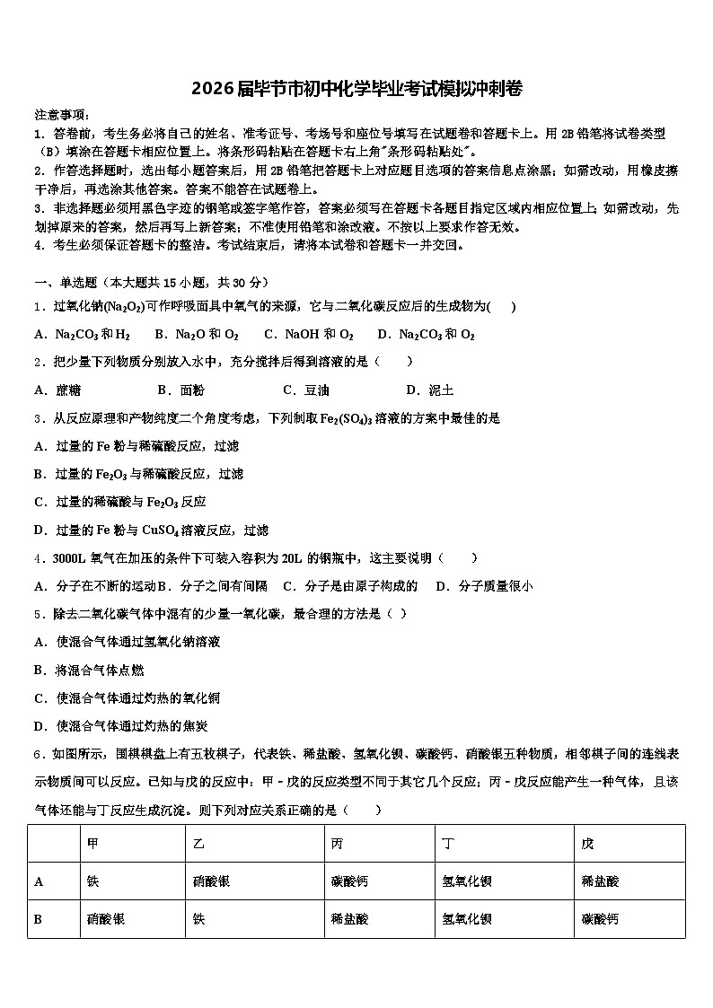 2026届毕节市初中化学毕业考试模拟冲刺卷（含答案解析）第1页