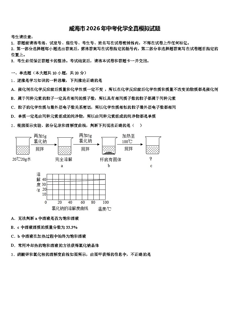 威海市2026年中考化学全真模拟试题（含答案解析）第1页