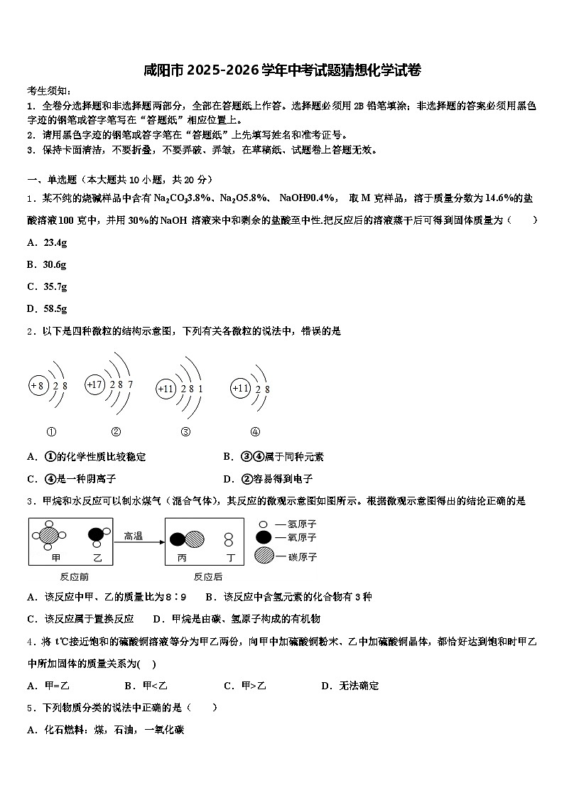 咸阳市2025-2026学年中考试题猜想化学试卷（含答案解析）第1页