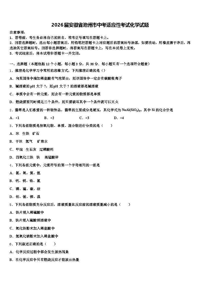 2026届安徽省池州市中考适应性考试化学试题（含答案解析）第1页