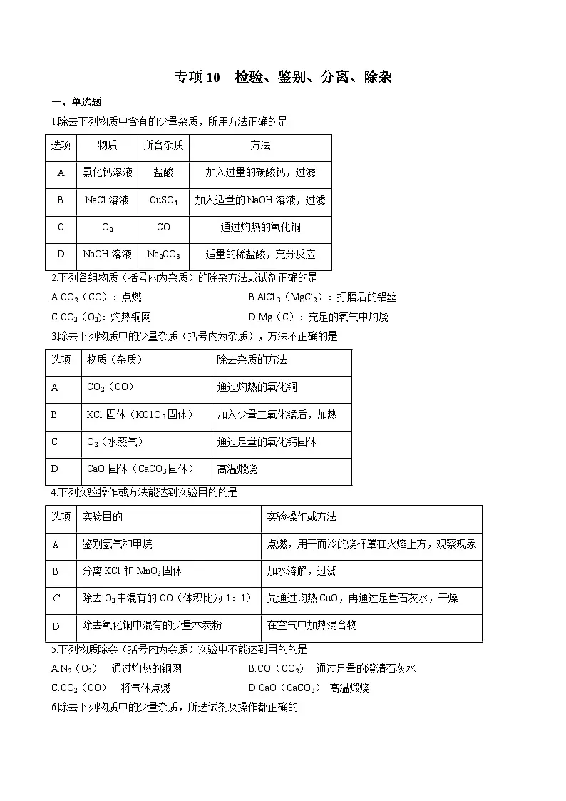 中考化学二轮复习核心考点专项拓展训练专项10 检验、鉴别、分离、除杂（原卷版）第1页
