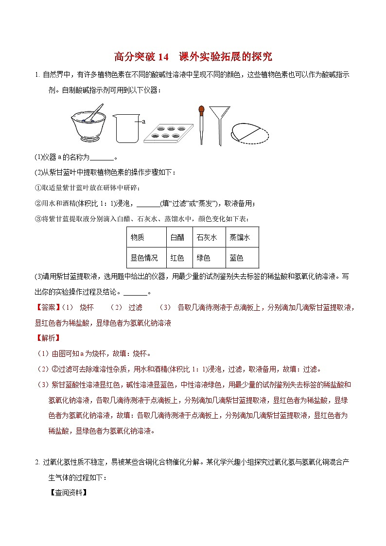 中考化学二轮专题复习 实验探究题突破练习14 课外实验拓展的探究（解析版）第1页