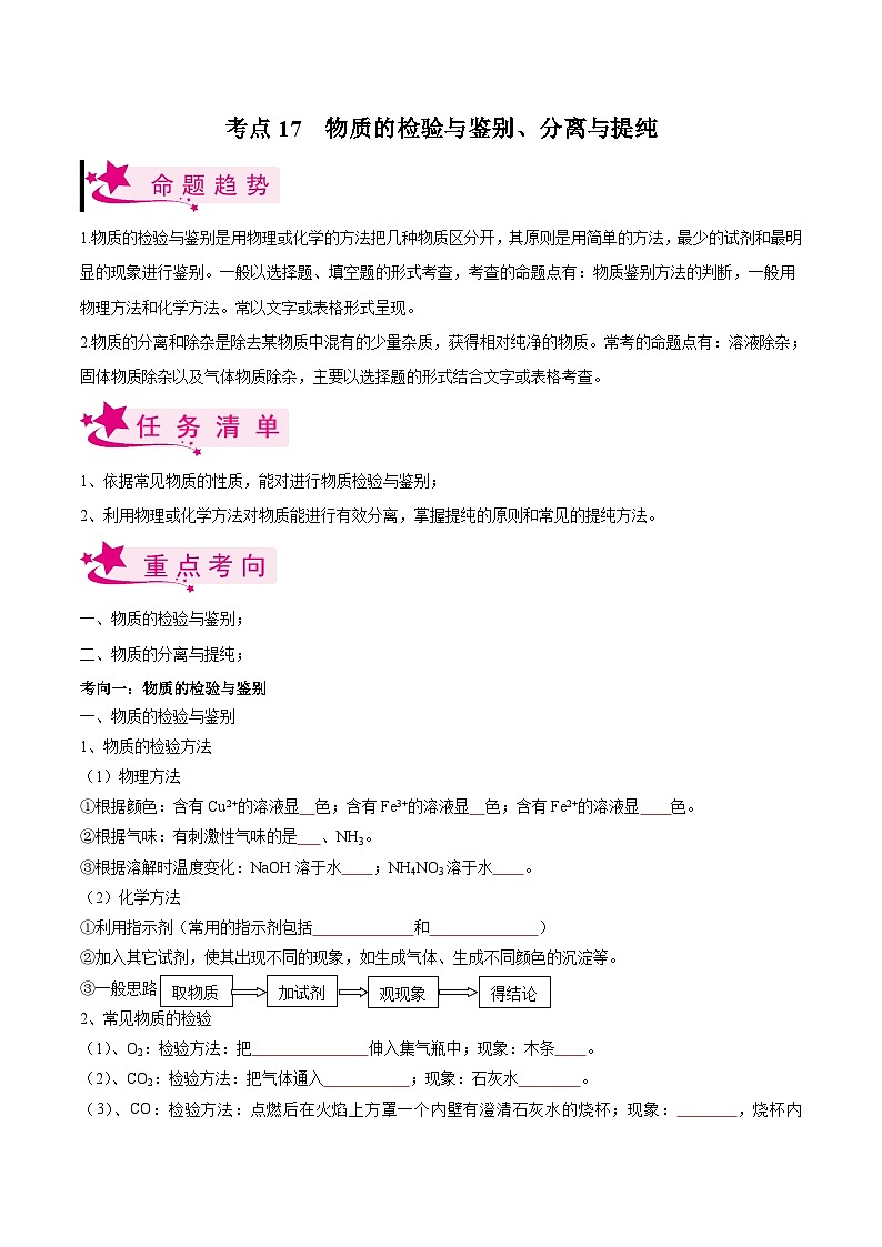 中考化学一轮复习考点练习考点17 物质的检验与鉴别、分离与提纯（原卷版）第1页