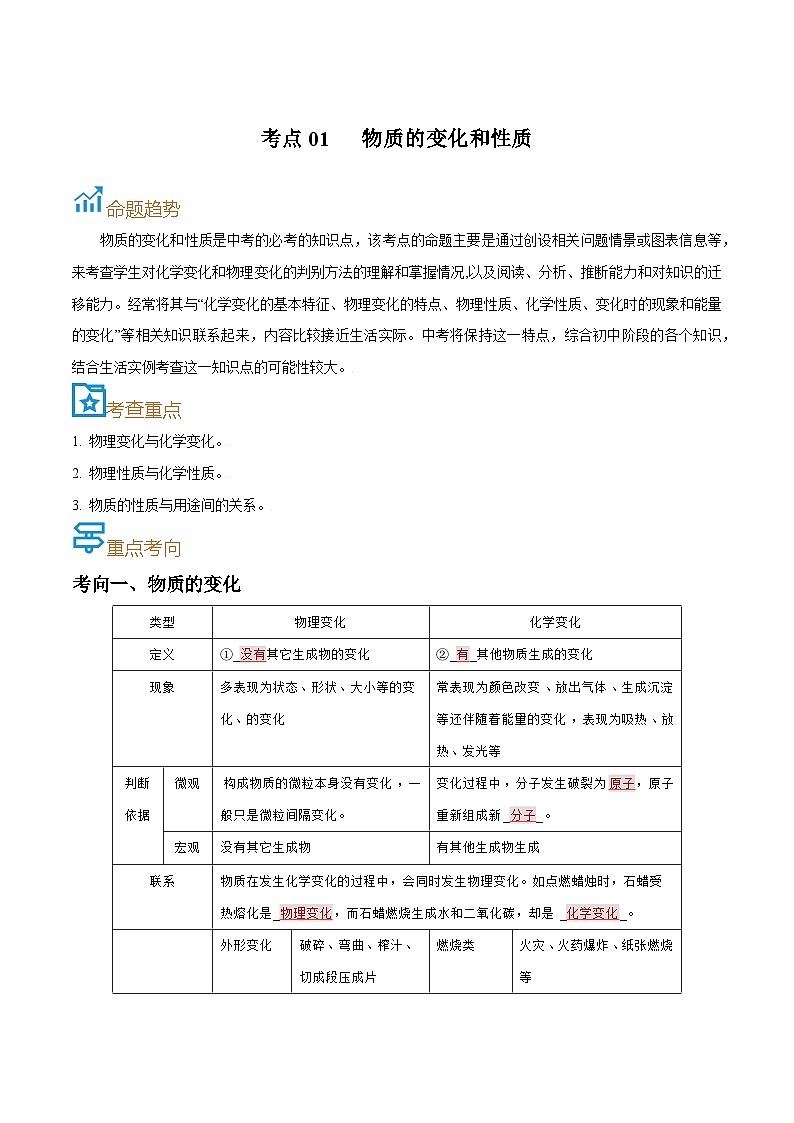 中考化学一轮复习考点巩固练习考点01  物质的变化和性质（解析版）第1页