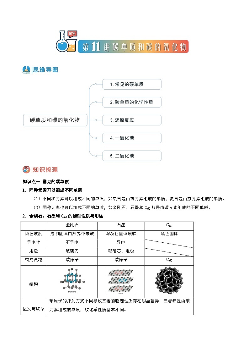 中考化学一轮复习基础通关练习第11讲 碳单质和碳的氧化物（含答案解析）第1页