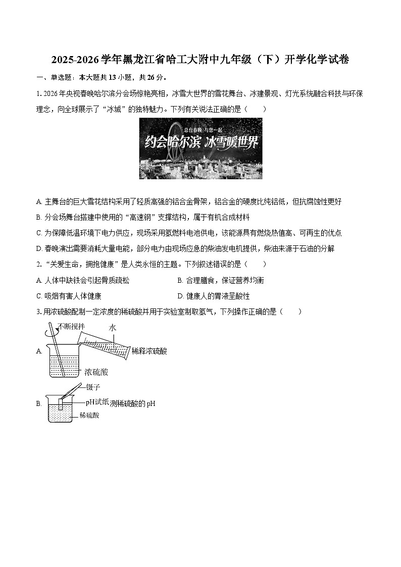 2025-2026学年黑龙江省哈工大附中九年级（下）开学化学试卷-自定义类型第1页
