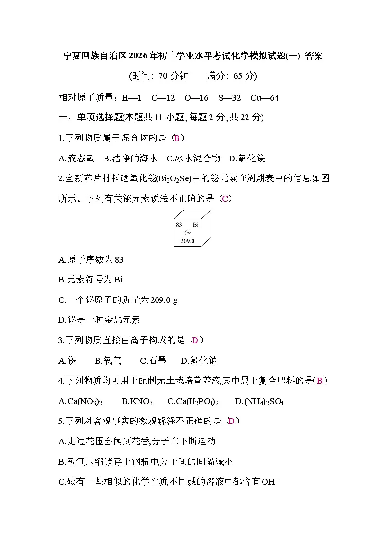 宁夏回族自治区2026年初中学业水平考试化学模拟试题(一)答案第1页