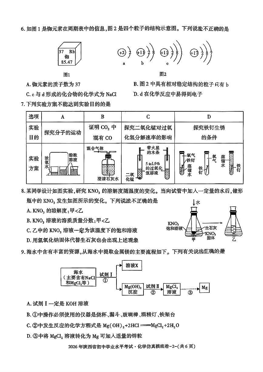 2026年陕西省初中学业水平考试仿真摸底化学试卷第2页