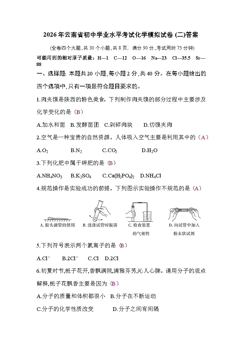 2026年云南省初中学业水平考试化学模拟试卷(二)答案第1页