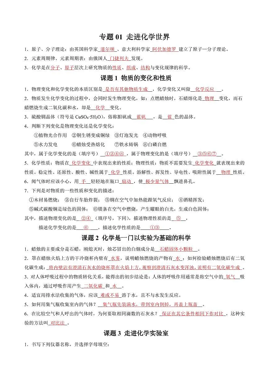 中考第一轮复习化学高频常考核心知识点背诵清单第1页