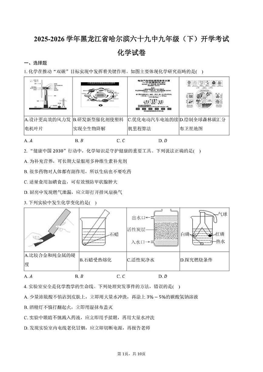 2025-2026学年黑龙江省哈尔滨市第六十九中学九年级（下）开学化学试卷（含答案）第1页