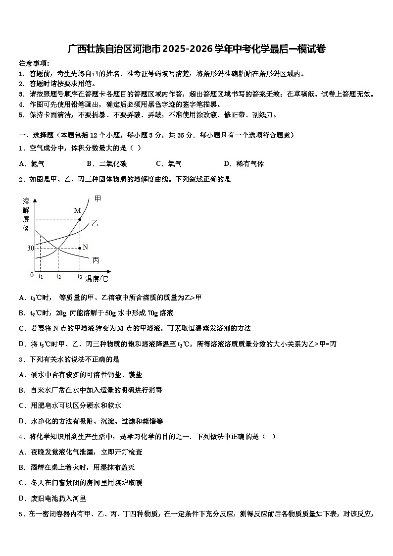 广西壮族自治区河池市2025-2026学年中考化学最后一模试卷（含答案解析）第1页