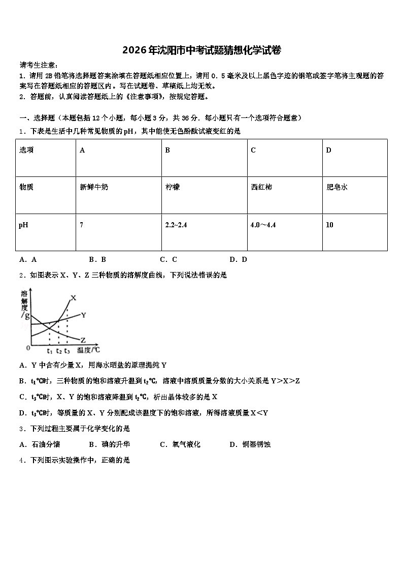 2026年沈阳市中考试题猜想化学试卷（含答案解析）第1页