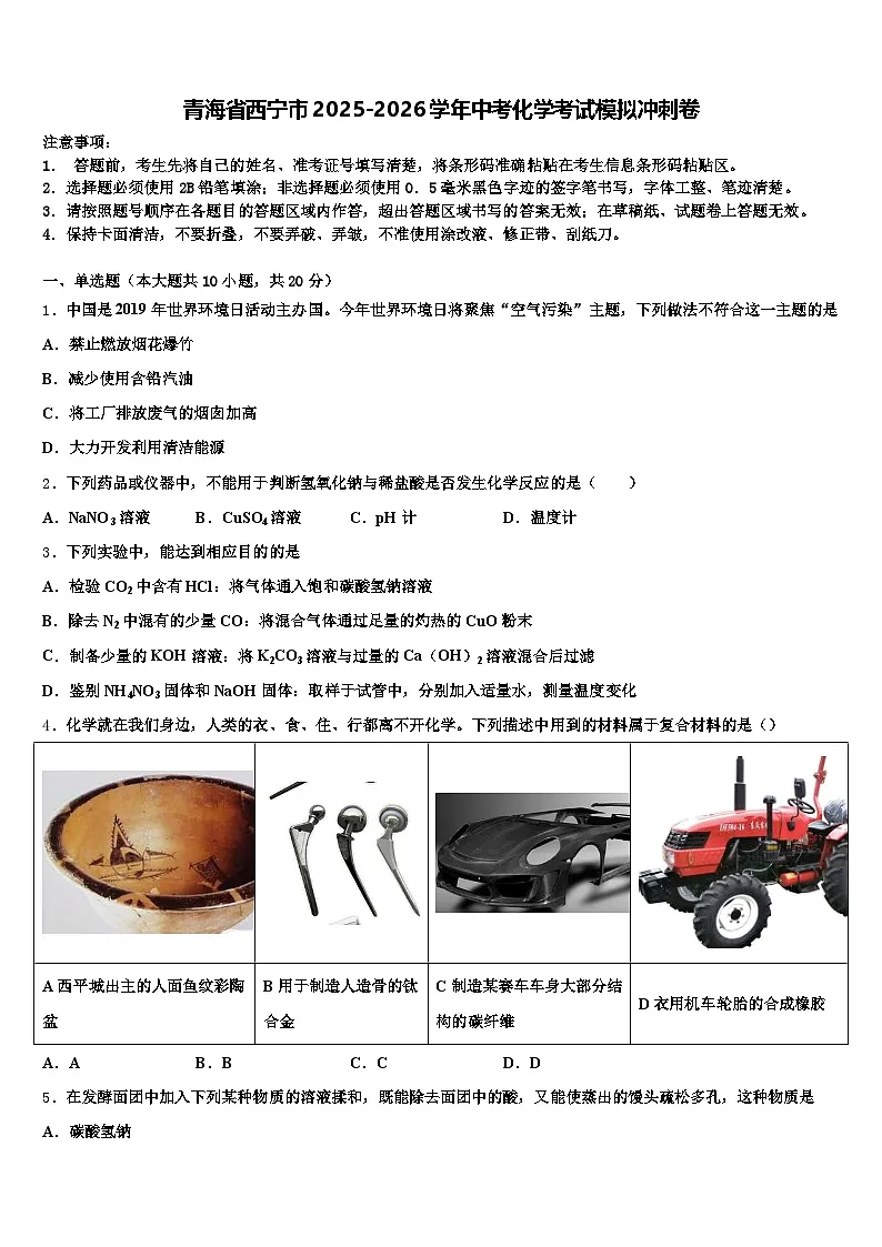 青海省西宁市2025-2026学年中考化学考试模拟冲刺卷（含答案解析）第1页