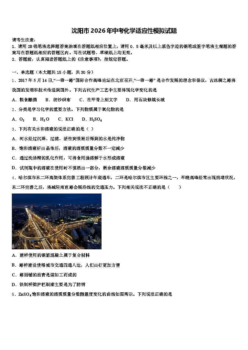 沈阳市2026年中考化学适应性模拟试题（含答案解析）第1页