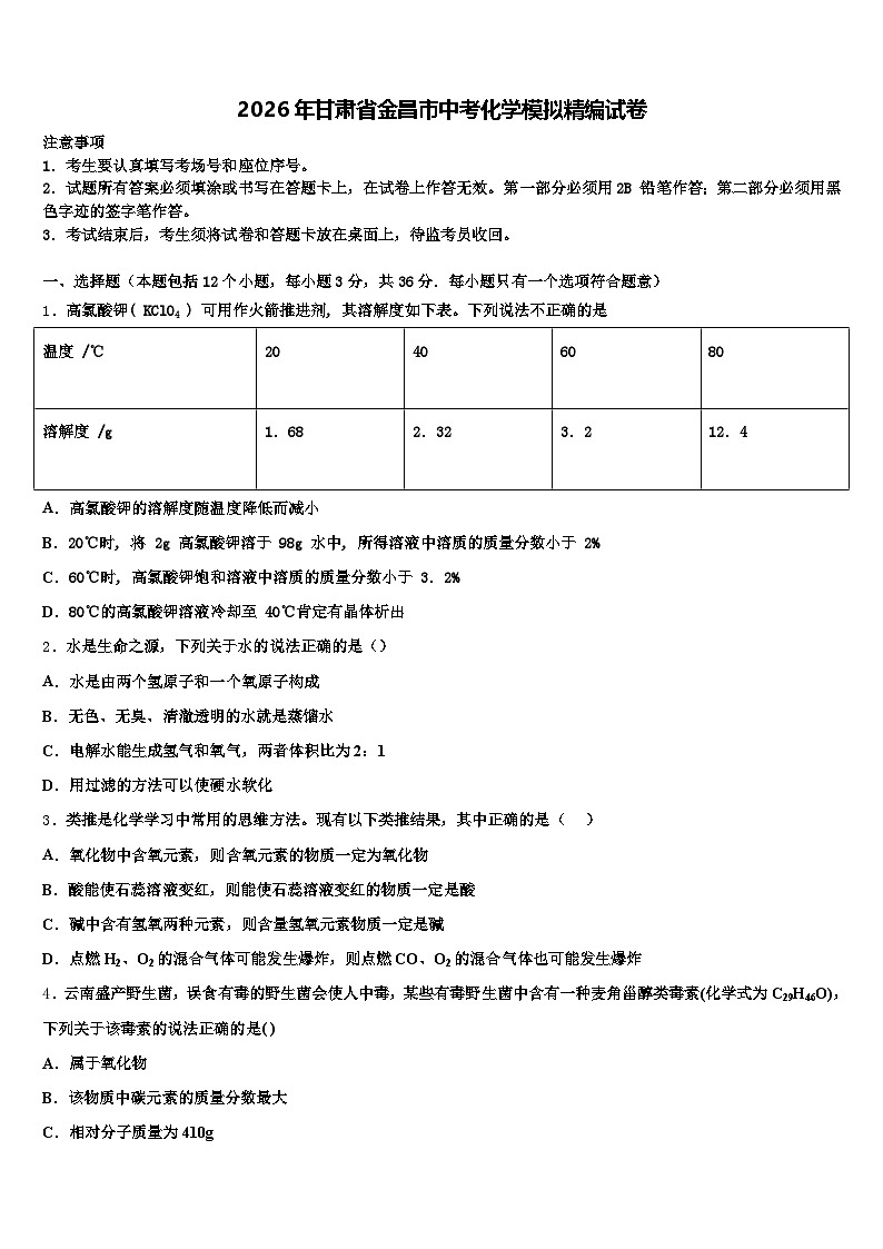 2026年甘肃省金昌市中考化学模拟精编试卷（含答案解析）第1页