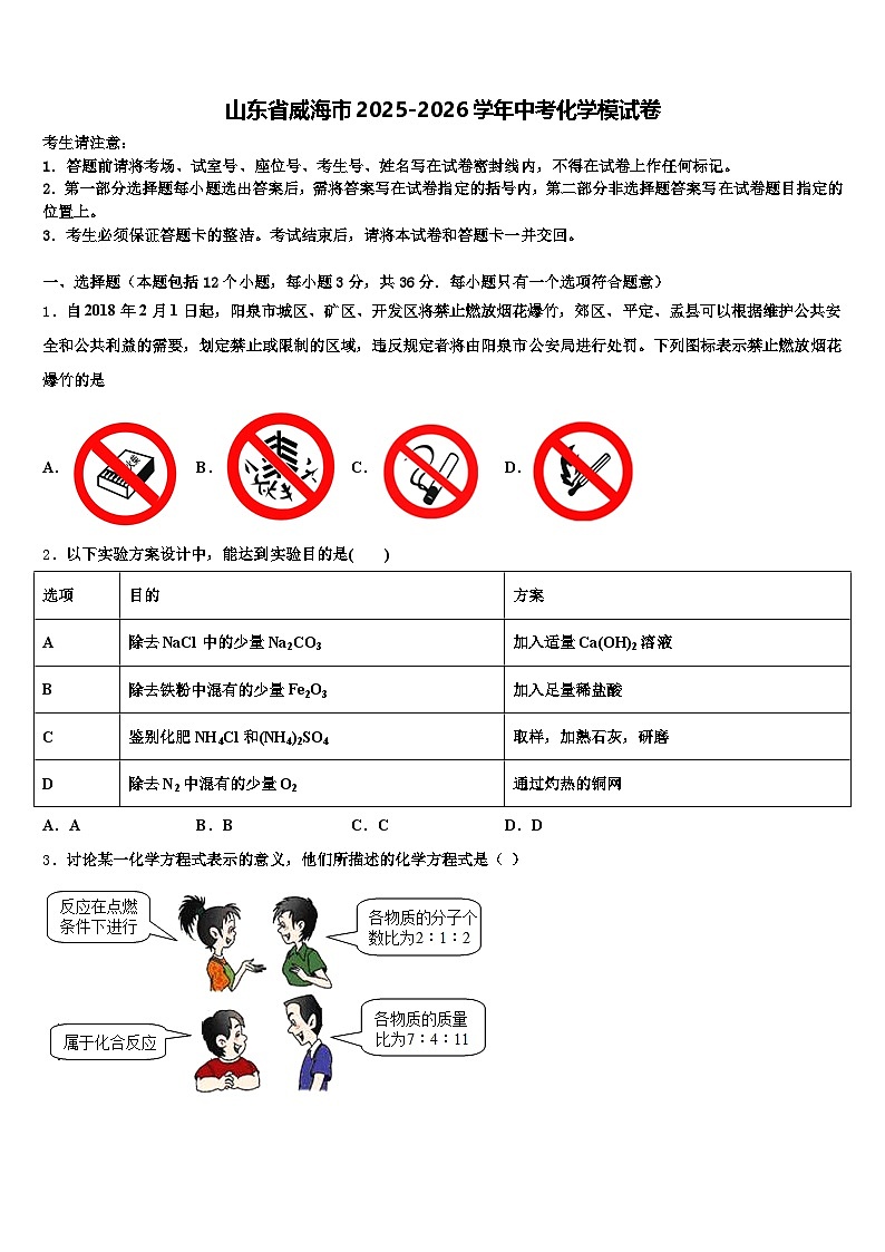 山东省威海市2025-2026学年中考化学模试卷（含答案解析）第1页