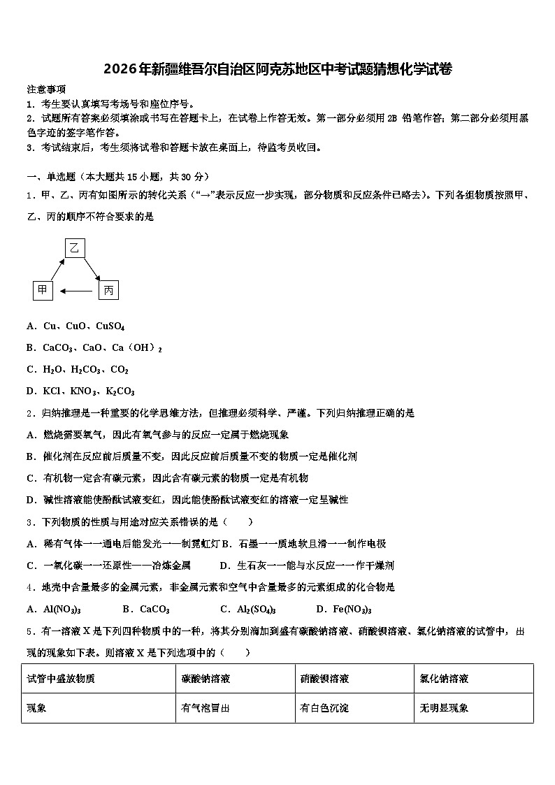 2026年新疆维吾尔自治区阿克苏地区中考试题猜想化学试卷（含答案解析）第1页