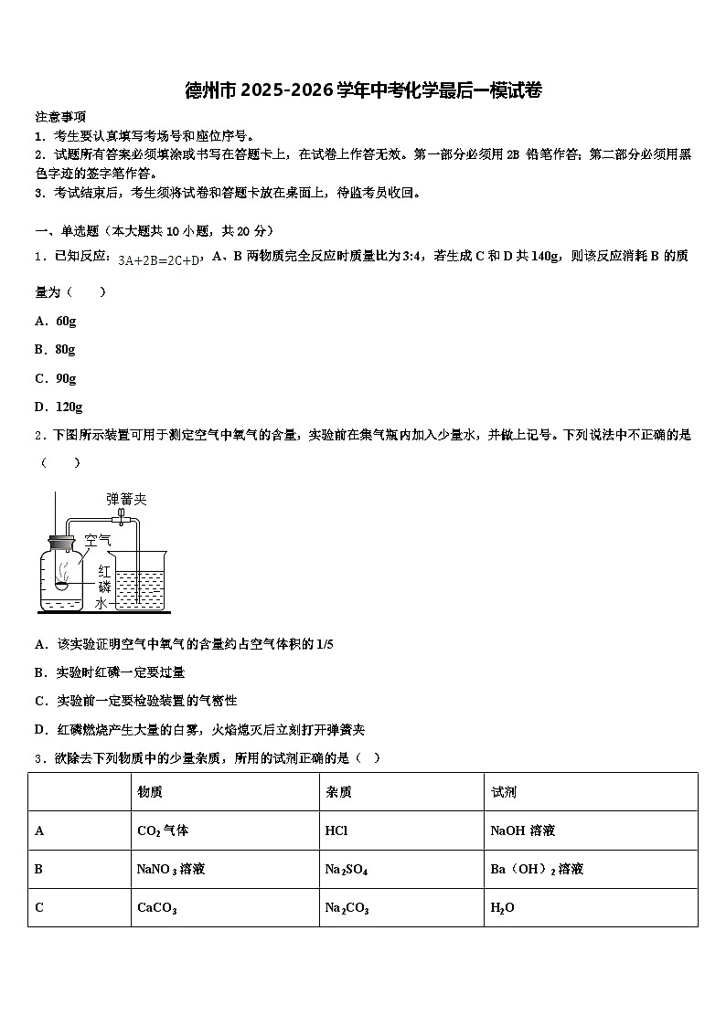 德州市2025-2026学年中考化学最后一模试卷（含答案解析）第1页
