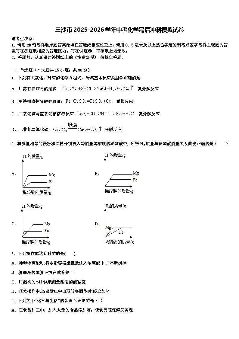 三沙市2025-2026学年中考化学最后冲刺模拟试卷（含答案解析）第1页
