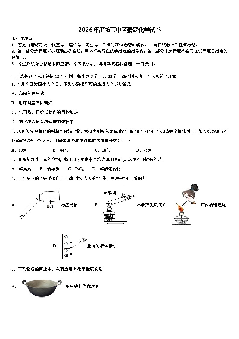 2026年廊坊市中考猜题化学试卷（含答案解析）第1页