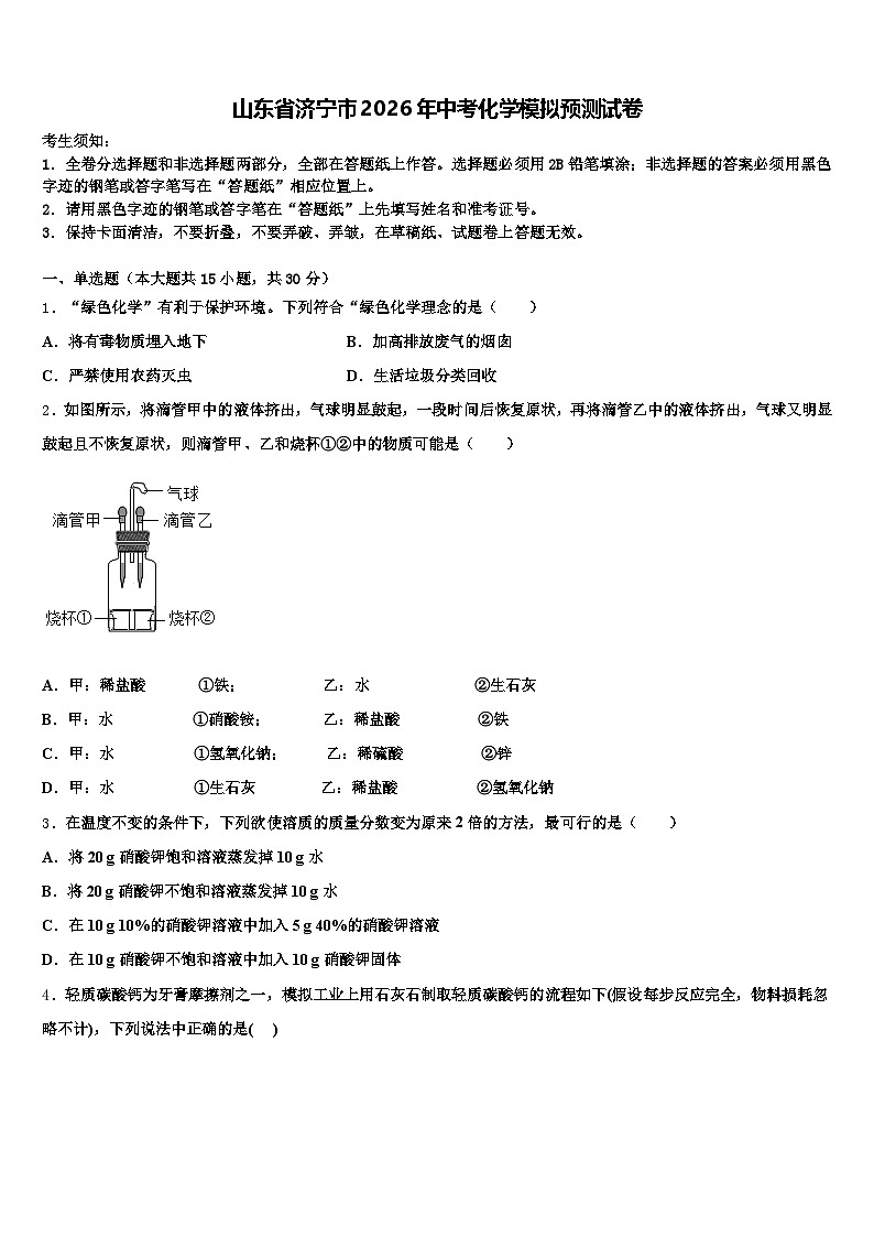 山东省济宁市2026年中考化学模拟预测试卷（含答案解析）第1页