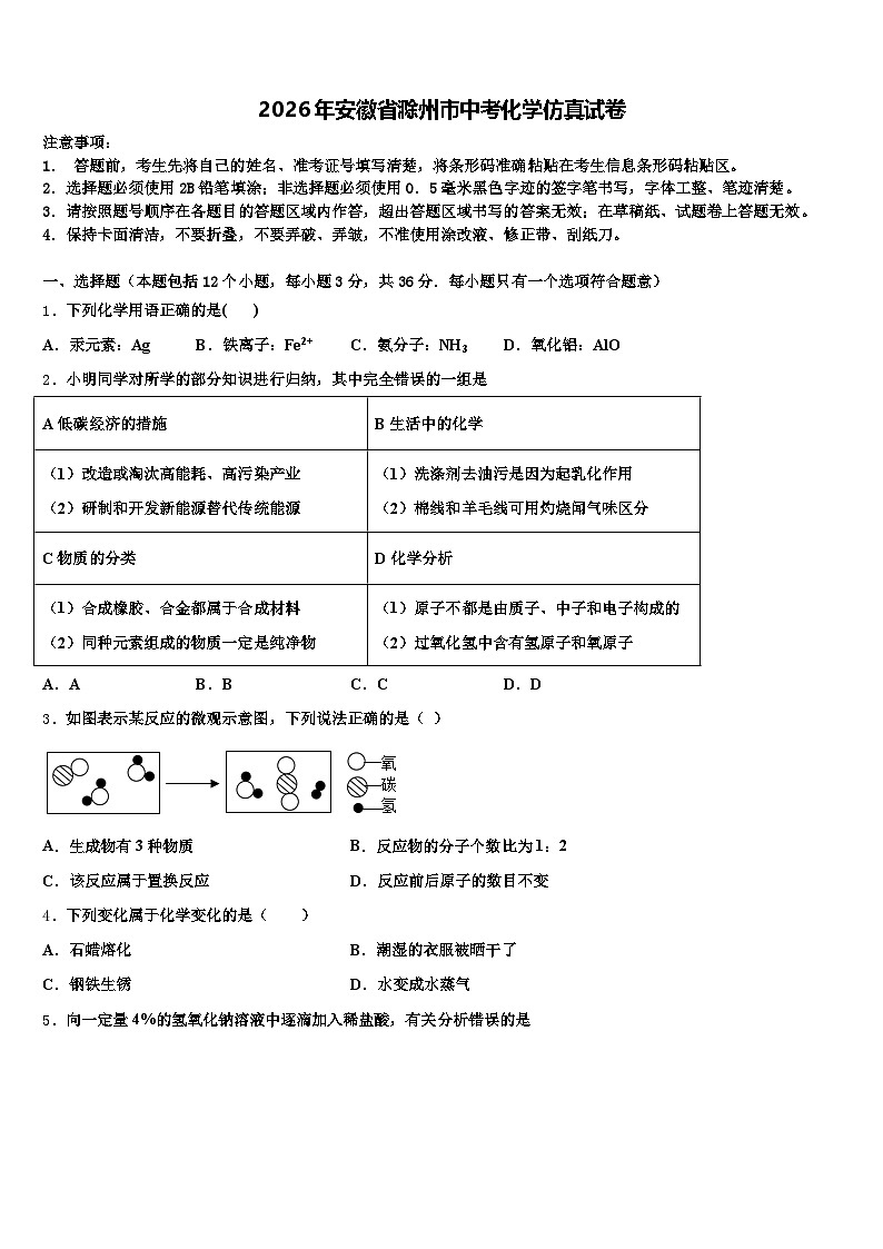 2026年安徽省滁州市中考化学仿真试卷（含答案解析）第1页