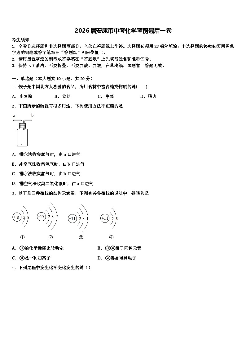 2026届安康市中考化学考前最后一卷（含答案解析）第1页