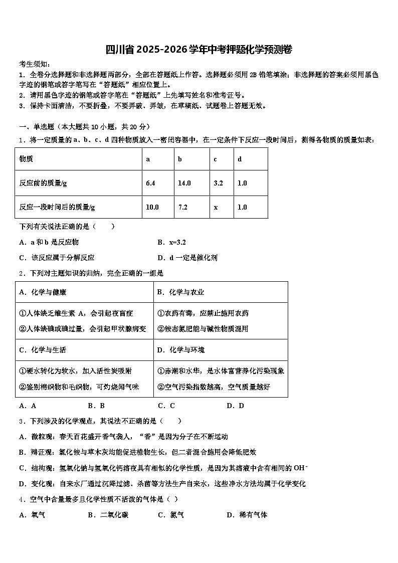 四川省2025-2026学年中考押题化学预测卷（含答案解析）第1页