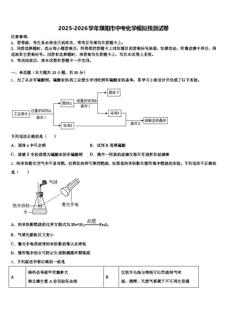 2025-2026学年濮阳市中考化学模拟预测试卷（含答案解析）第1页