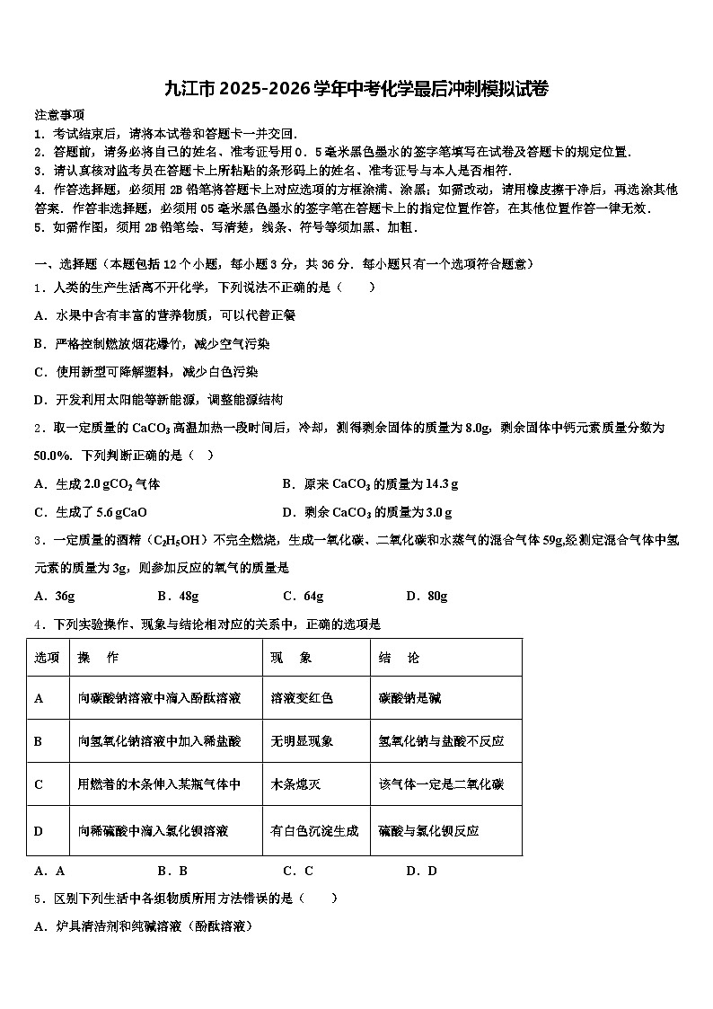 九江市2025-2026学年中考化学最后冲刺模拟试卷（含答案解析）第1页