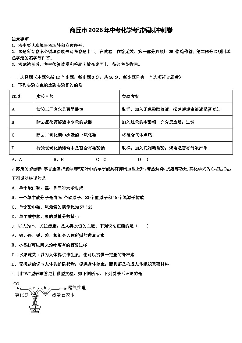 商丘市2026年中考化学考试模拟冲刺卷（含答案解析）第1页
