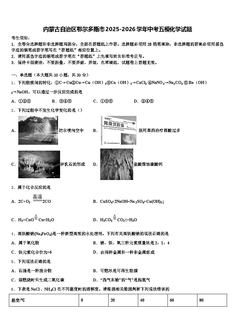 内蒙古自治区鄂尔多斯市2025-2026学年中考五模化学试题（含答案解析）第1页