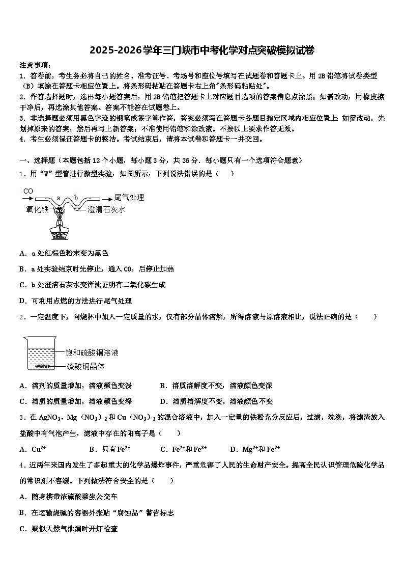2025-2026学年三门峡市中考化学对点突破模拟试卷（含答案解析）第1页
