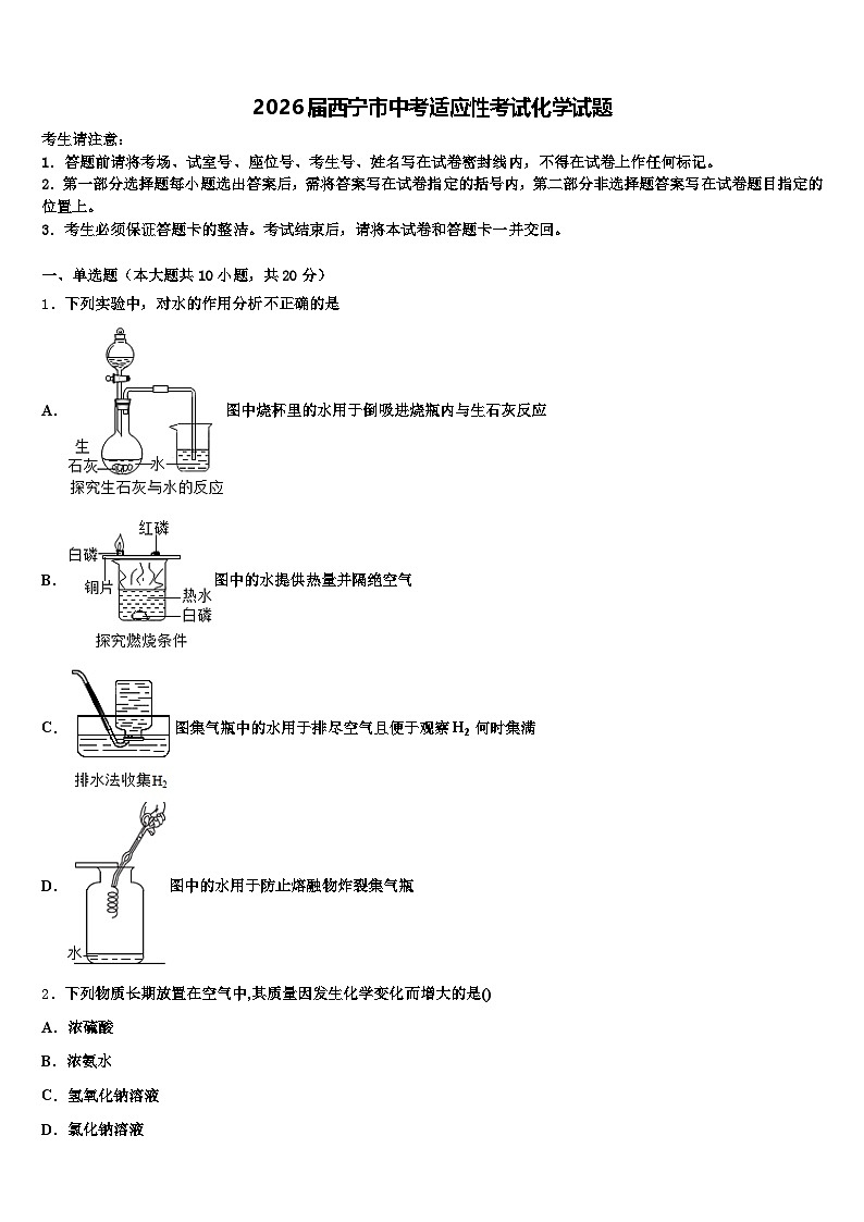 2026届西宁市中考适应性考试化学试题（含答案解析）第1页
