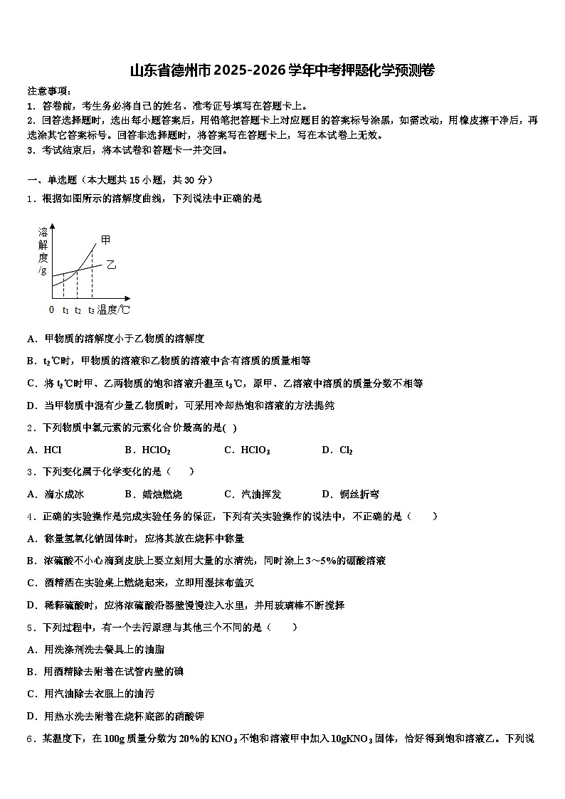 山东省德州市2025-2026学年中考押题化学预测卷（含答案解析）第1页