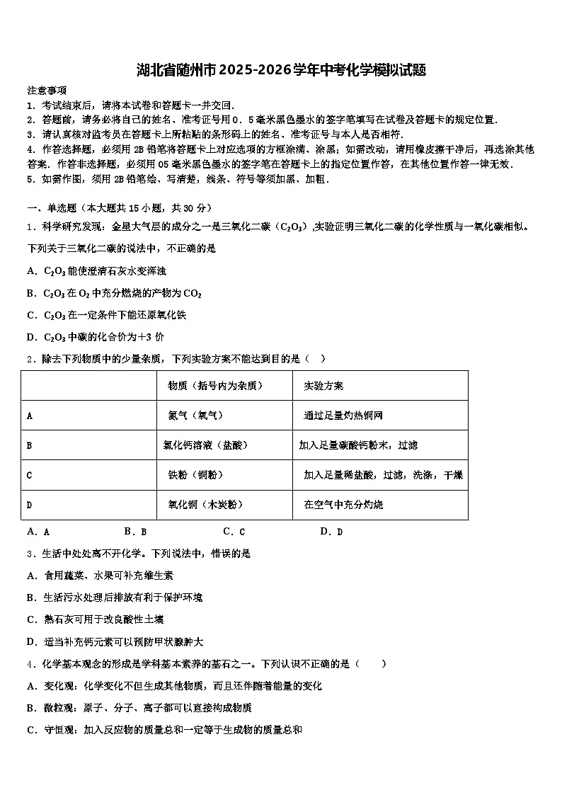 湖北省随州市2025-2026学年中考化学模拟试题（含答案解析）第1页