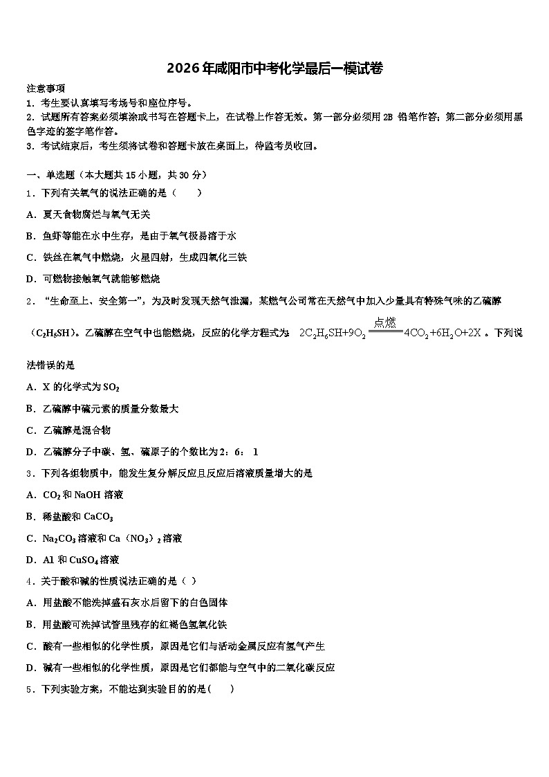 2026年咸阳市中考化学最后一模试卷（含答案解析）第1页