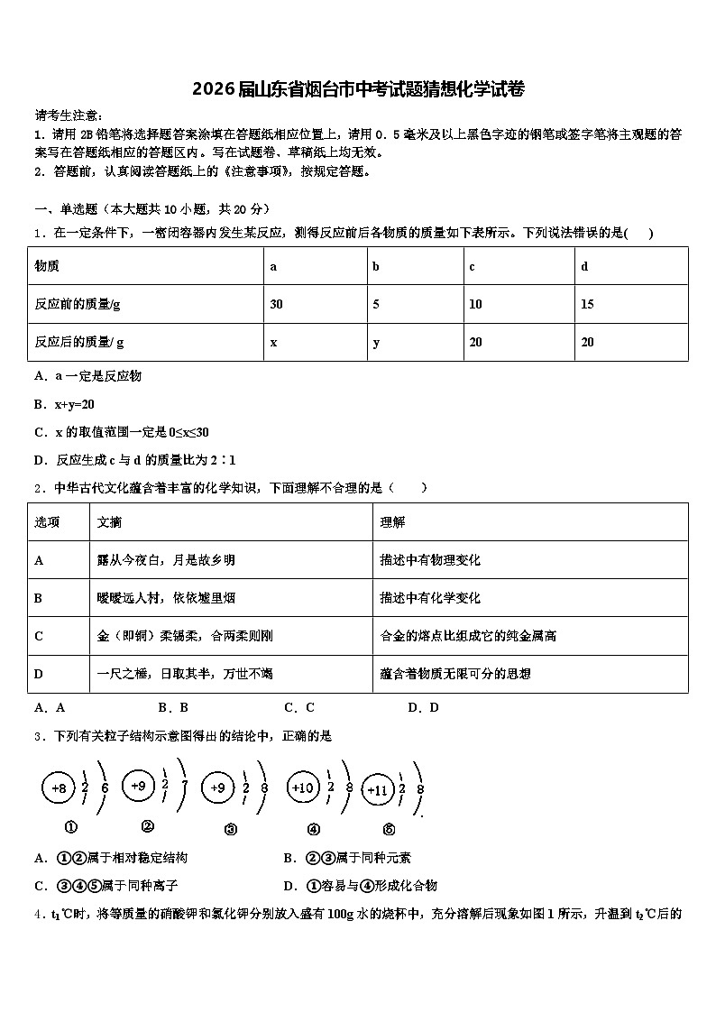 2026届山东省烟台市中考试题猜想化学试卷（含答案解析）第1页