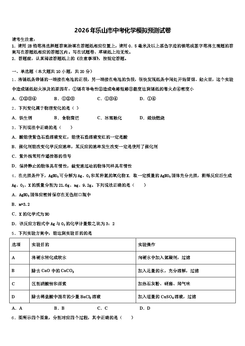 2026年乐山市中考化学模拟预测试卷（含答案解析）第1页