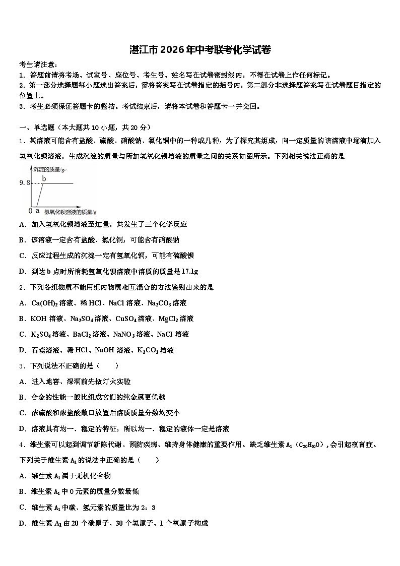 湛江市2026年中考联考化学试卷（含答案解析）第1页