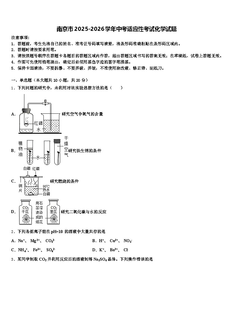 南京市2025-2026学年中考适应性考试化学试题（含答案解析）第1页