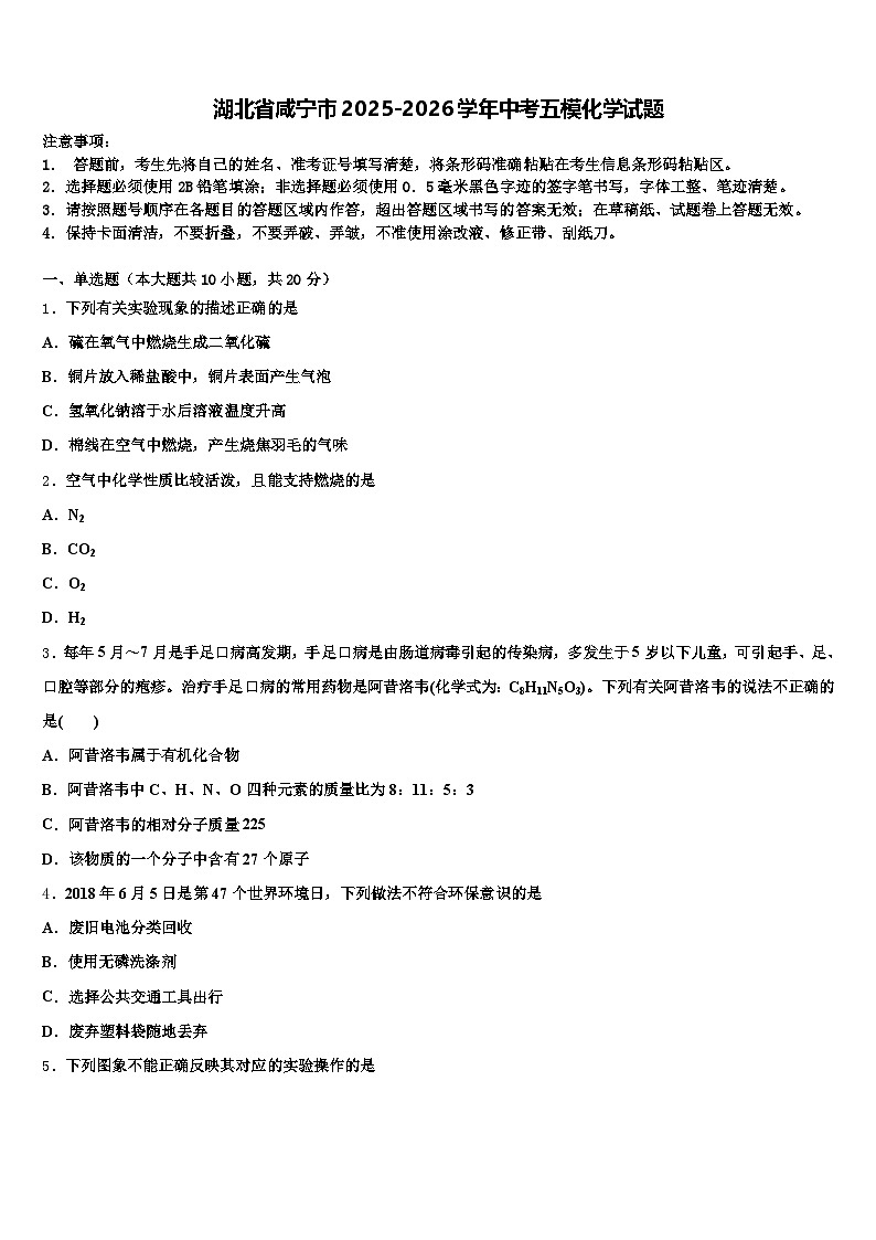 湖北省咸宁市2025-2026学年中考五模化学试题（含答案解析）第1页