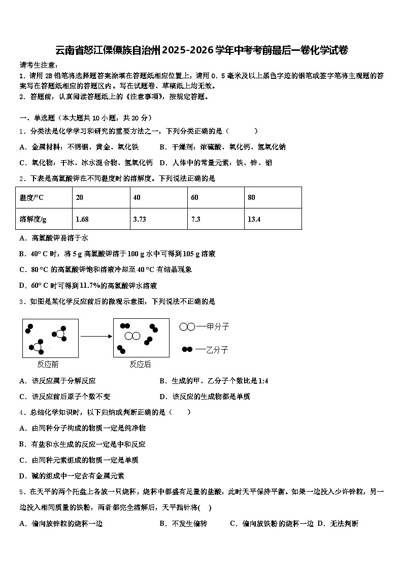 云南省怒江傈僳族自治州2025-2026学年中考考前最后一卷化学试卷（含答案解析）第1页