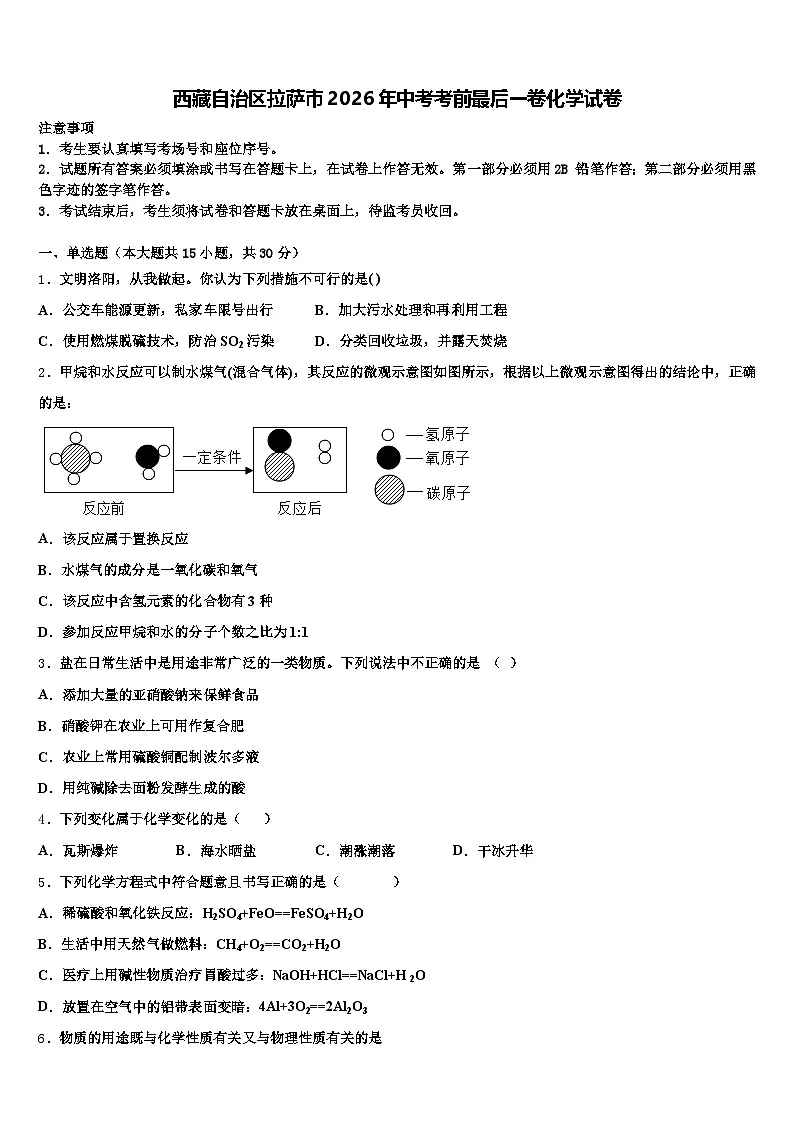 西藏自治区拉萨市2026年中考考前最后一卷化学试卷（含答案解析）第1页