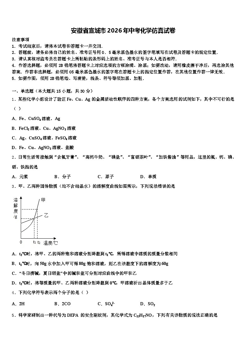 安徽省宣城市2026年中考化学仿真试卷（含答案解析）第1页