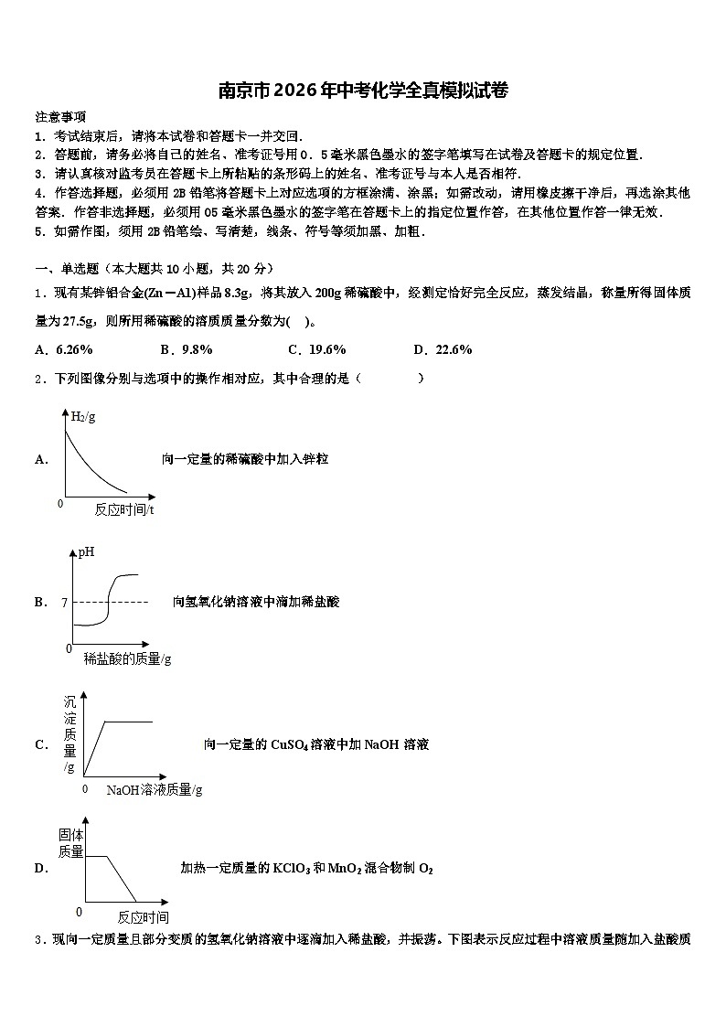 南京市2026年中考化学全真模拟试卷（含答案解析）第1页