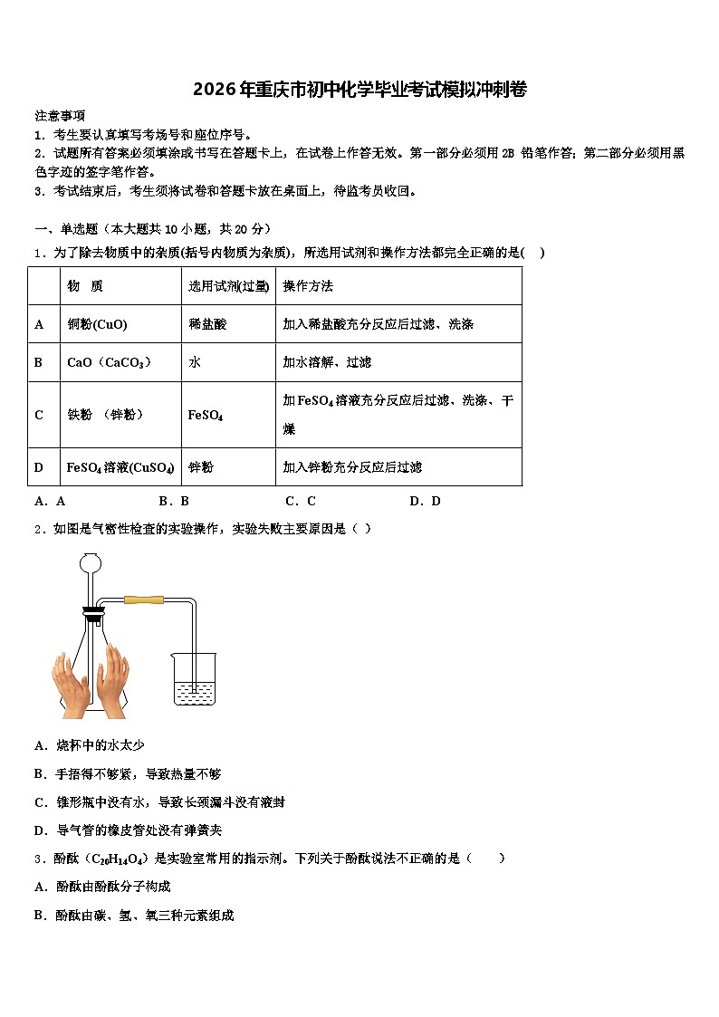 2026年重庆市初中化学毕业考试模拟冲刺卷（含答案解析）第1页