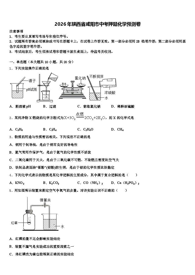 2026年陕西省咸阳市中考押题化学预测卷（含答案解析）第1页